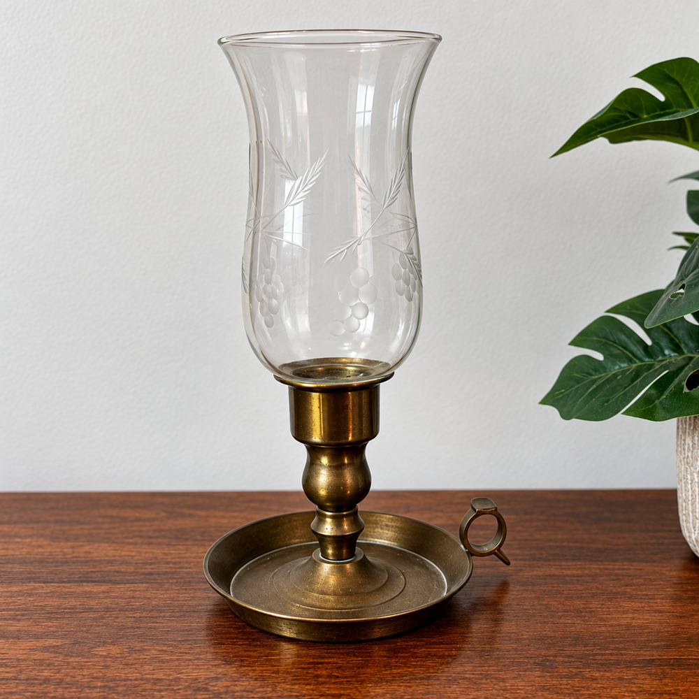 Vintage Brass and Glass Chamber Hurricane Candle Lamp Finger Holder India
